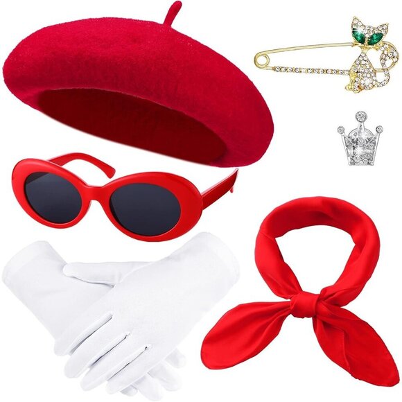 Women Girls French Outfits Accessories 6 Pcs Red Beret Scarf Gloves Sunglasses B